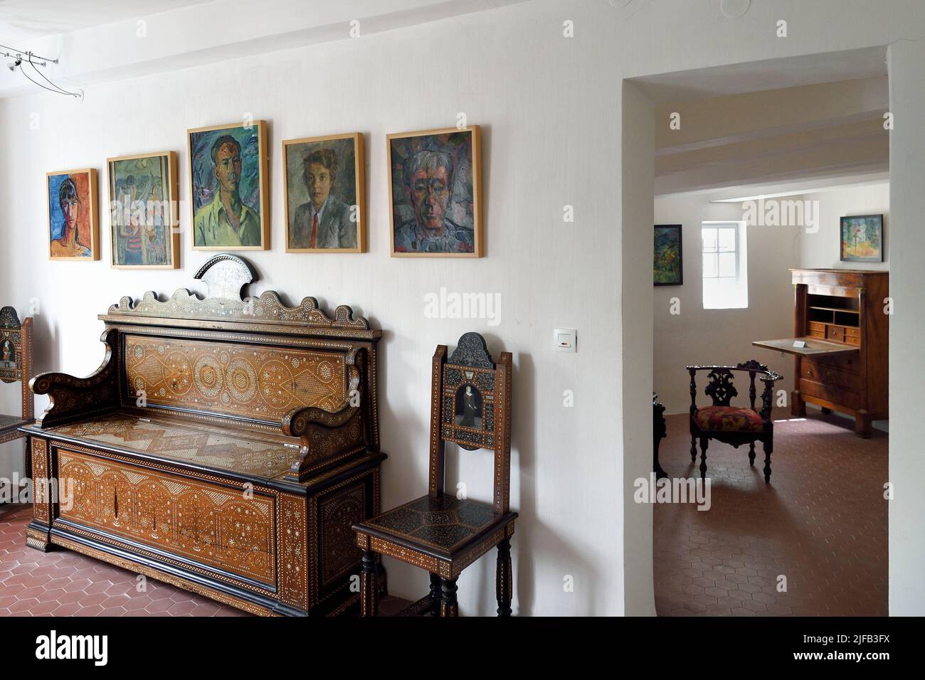 France, Var, Seillans, labelled Les Plus Beaux Villages de France (The Most Beautiful Villages of France), Maison Waldberg contains the donations of Max Ernst, Dorothea Tanning and Stan Appenzeller, Stan Appenzeller paintings on the wall Stock Photo
