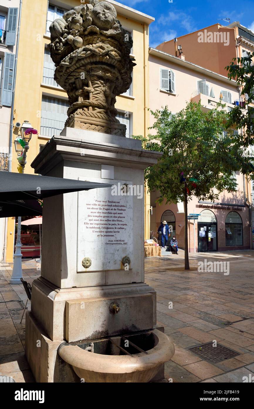 France, Var, Toulon, the Fontaine du Panier on the Cours Lafayette with a text from Jean Cocteau Stock Photo