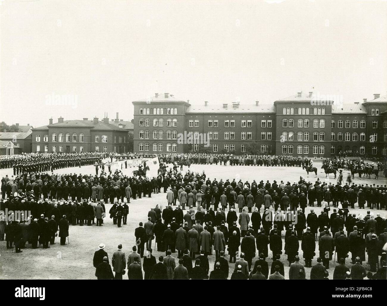 Position with flags and music choirs in the celebration of Svea Livgarde's 400th anniversary in 1921. Stock Photo