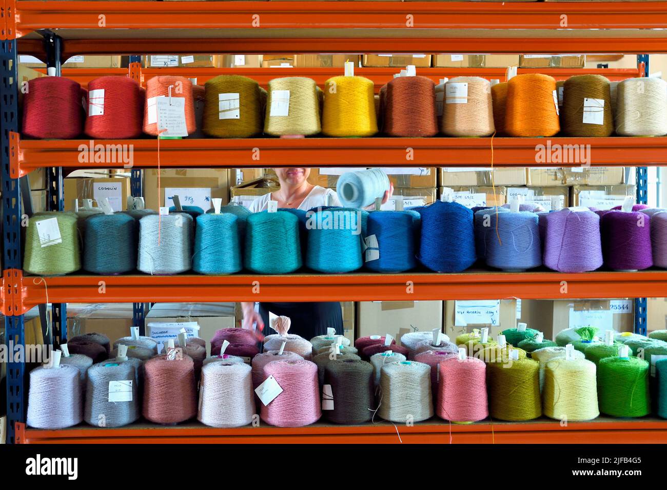 France, Var, Presqu'ile de Saint Tropez, Cogolin, the Manufacture Cogolin has been manufacturing rugs since 1924, stocking spools of wool threads Stock Photo