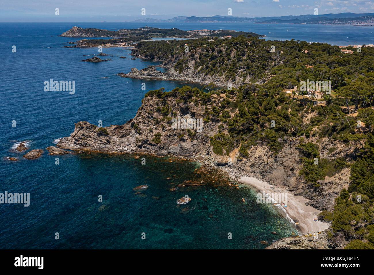 France, Var, Six Fours les Plages, hike in the Cap Sicie massif, Mont Salva beach towards Le Brusc and the Embiez archipelago in the background (aerial view) Stock Photo