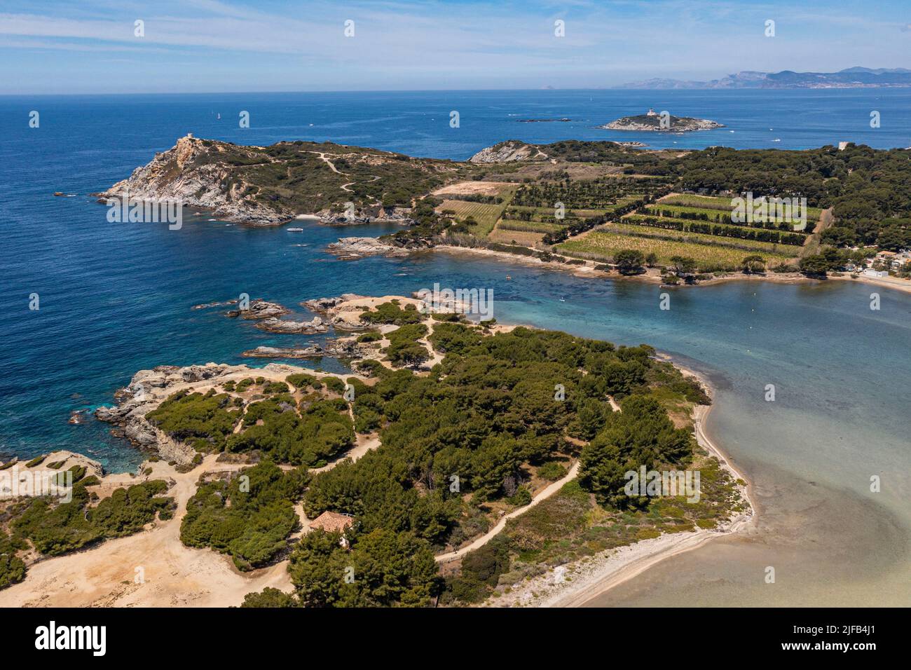France, Var, Six Fours les Plages, Grand Gaou island in the foreground, the  Strait of Grand Gaou and Ile des Embiez then Grand Rouveau island in the  background (aerial view Stock Photo -