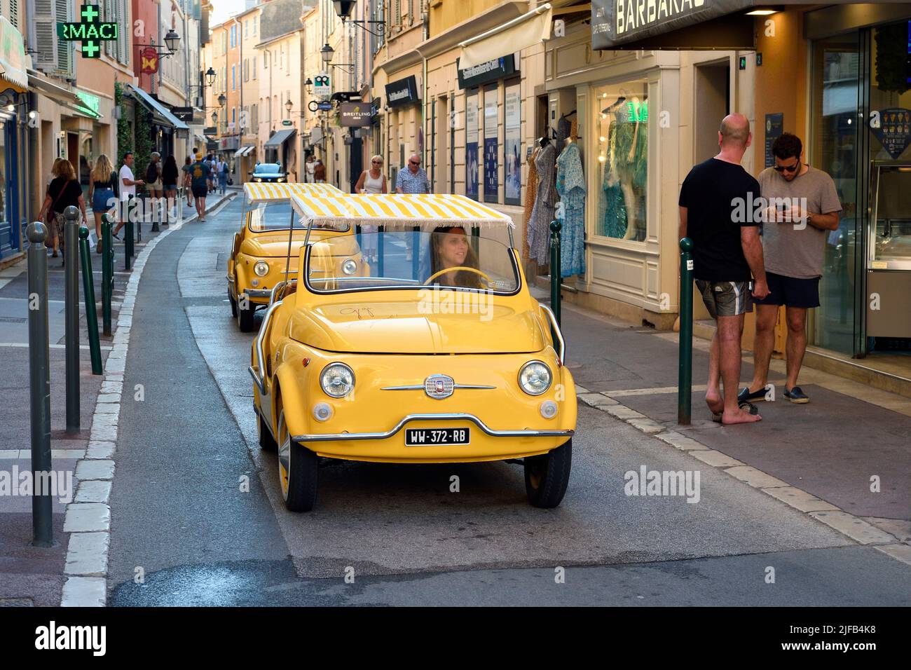 France, Var, SaintTropez, Fiat 500 advertising convertible arriving at