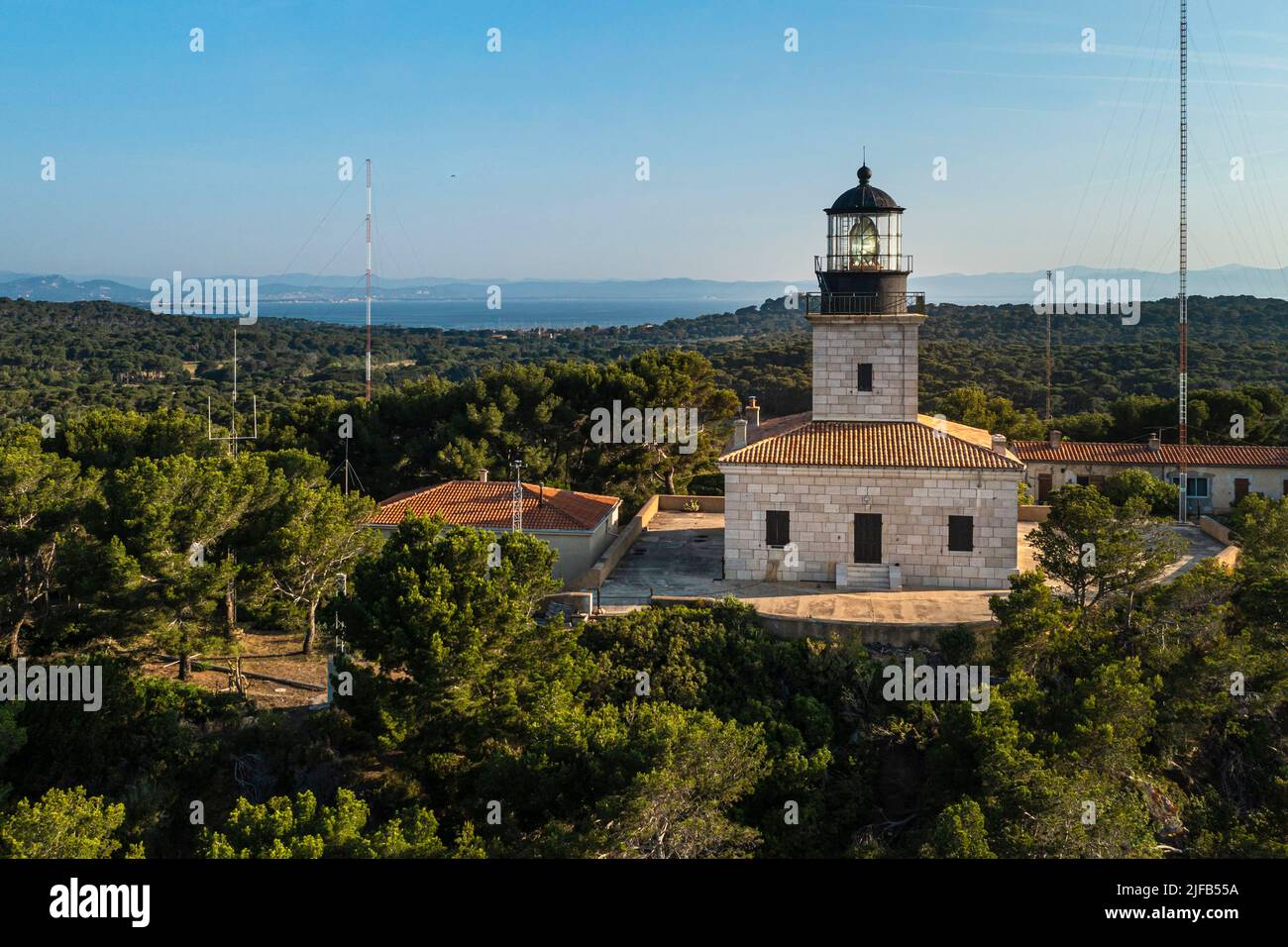 France, Var, Iles d'Hyeres, Parc National de Port Cros (National park of Port Cros), Porquerolles island, the lighthouse (aerial view) Stock Photo