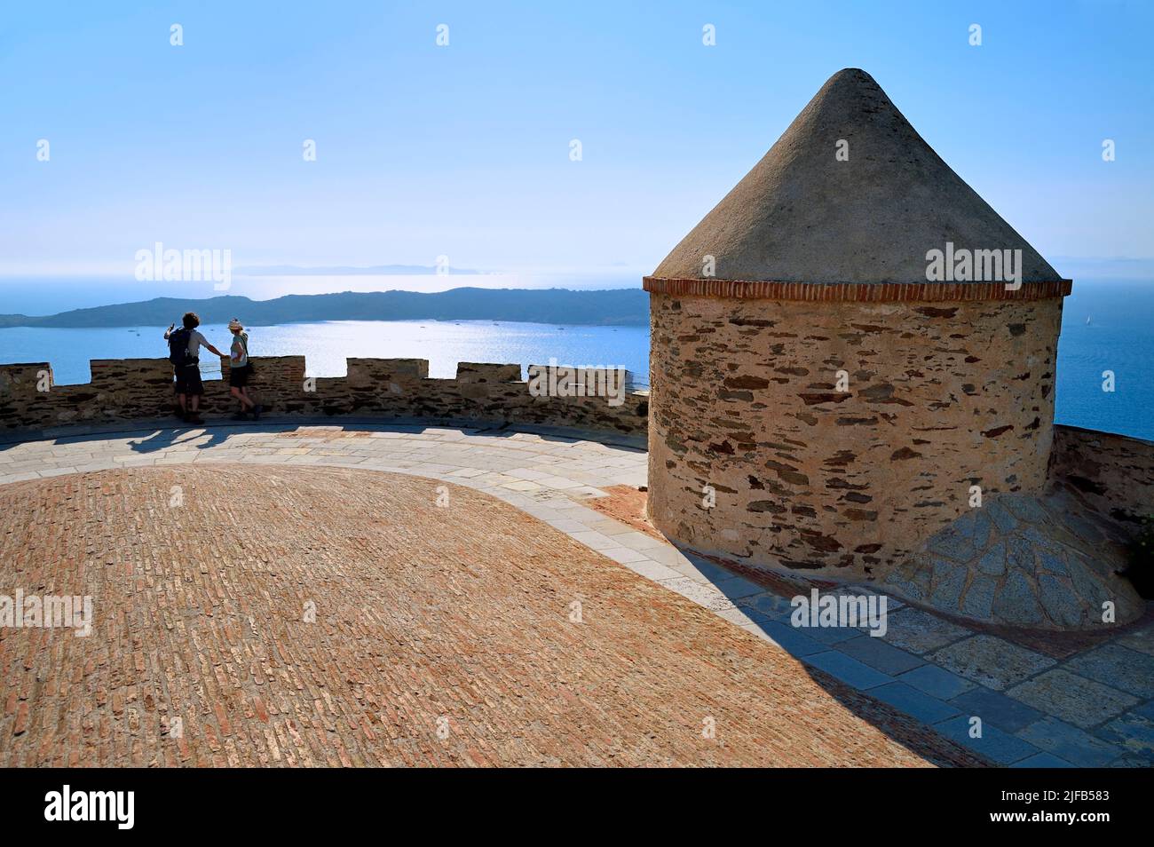 France, Var, Iles d'Hyeres, Parc National de Port Cros (National park of Port  Cros), Port-Cros island, Fort de l'Estissac overlooking the harbour of Port  Cros and the Bagaud Island which is an