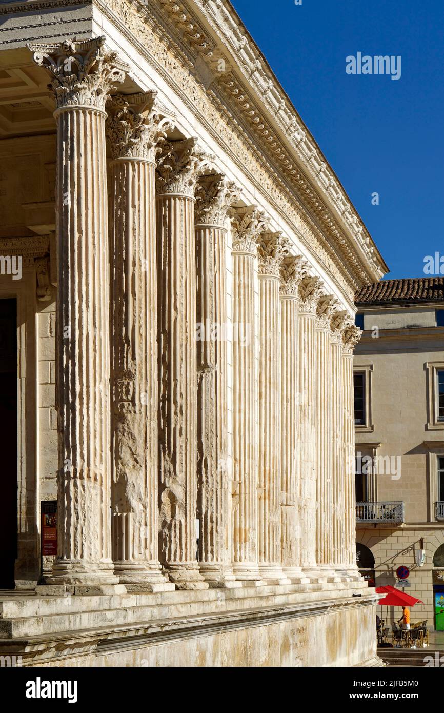 France, Gard, Nimes, Maison Carree, old Roman Temple of the 1st century BC, Contemporary Art museum Stock Photo