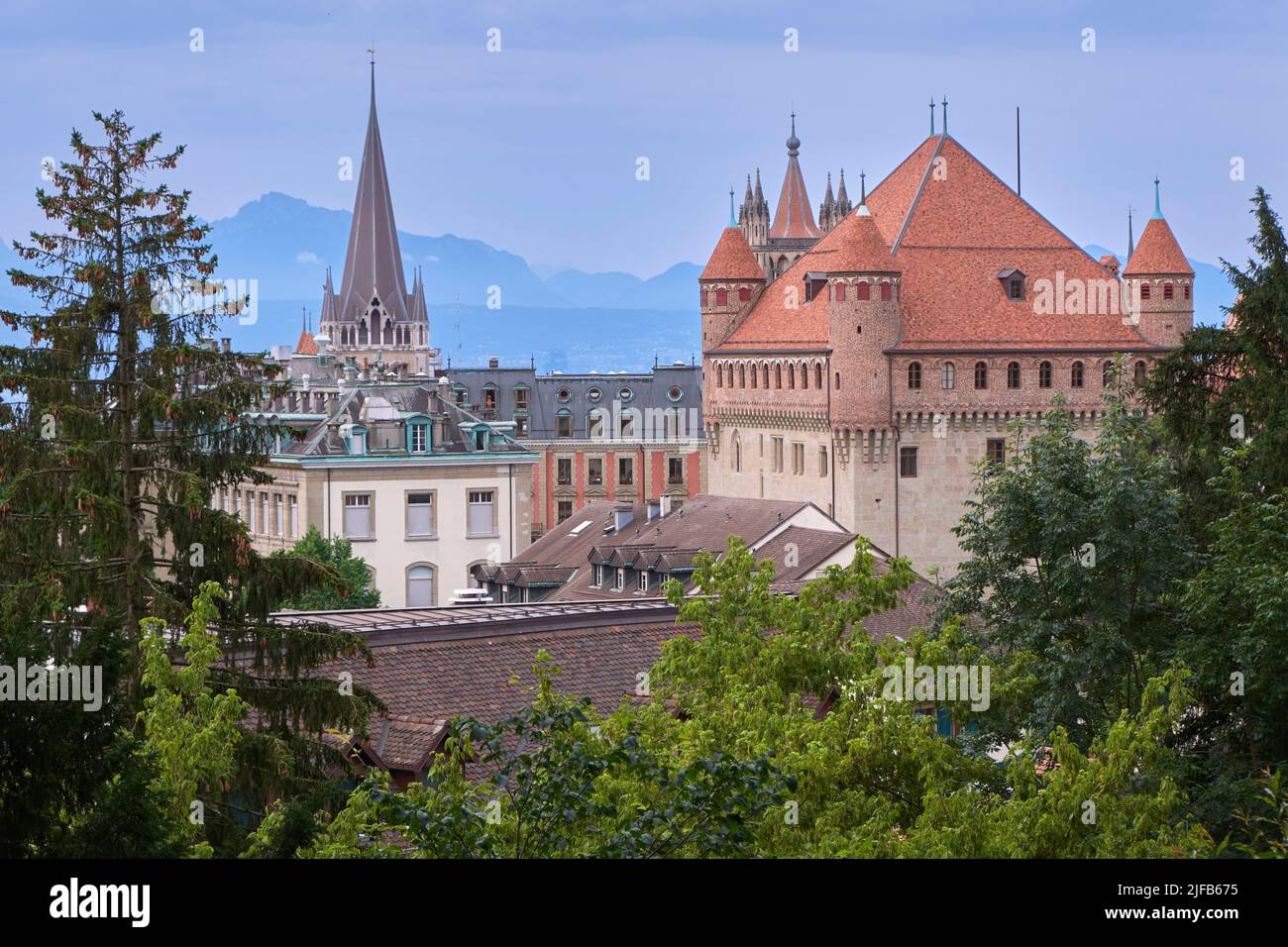 Switzerland, Canton of Vaud, Lausanne, Notre Dame cathedral from the Hermitage park Stock Photo