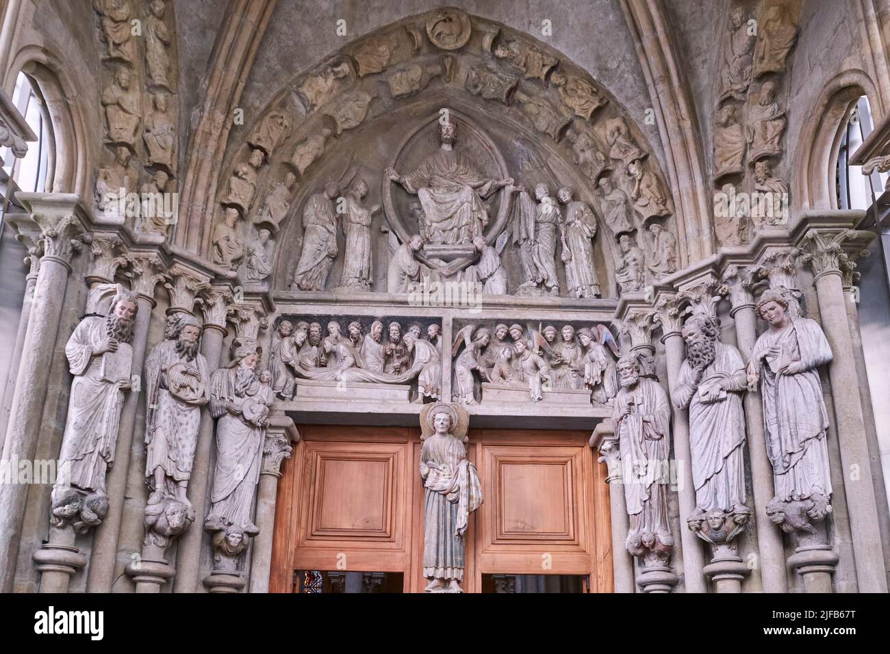 Switzerland, Canton of Vaud, Lausanne, the painted portal of Notre Dame cathedral Stock Photo