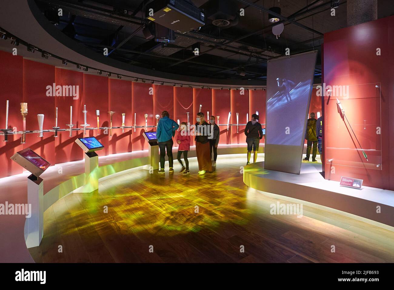 Switzerland, Canton of Vaud, Lausanne, the Olympic museum, Olympic torches exhibition hall Stock Photo