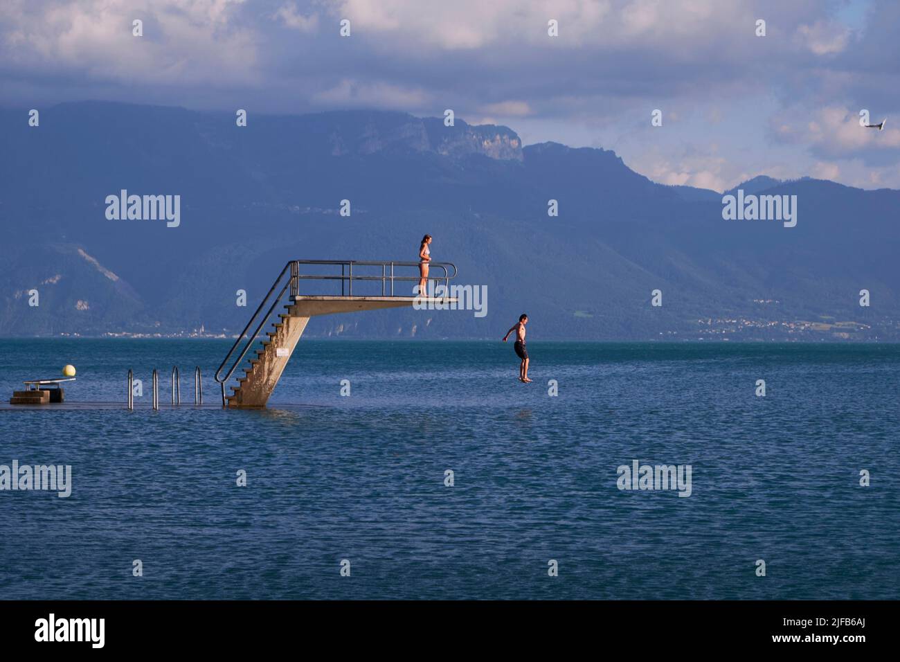 Switzerland, Canton of Vaud, Lutry, the diving board of the beach on the Geneva lake Stock Photo