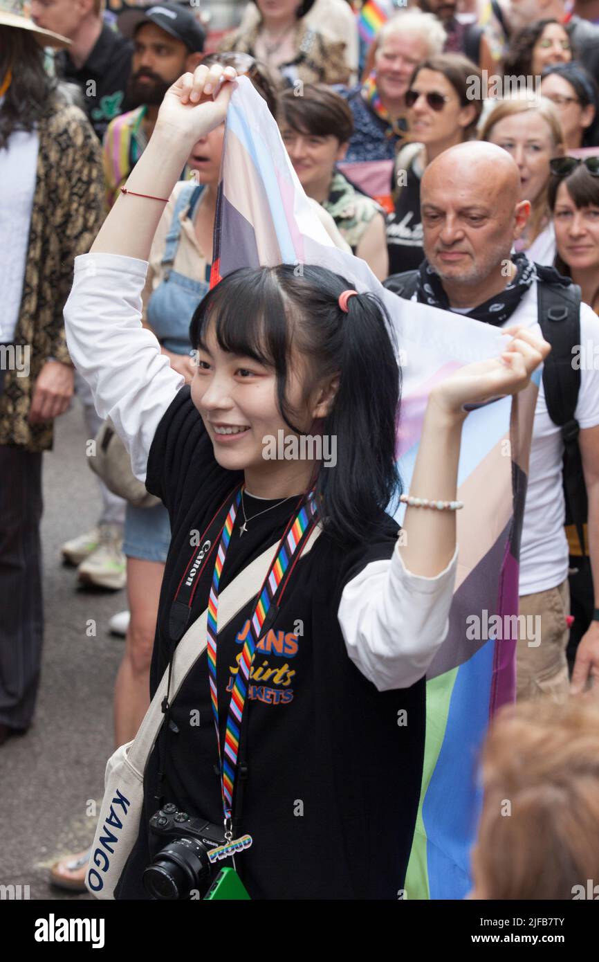 London, UK, 1 July 2022: A rally in London to mark the 50th anniversary of the first UK Pride march drew crowds who heard from veteran protesters. They marched from Trafalgar Square to Marble Arch. Protestors called for a ban on trans conversion therapy, for gay refugees to be protected, and for the fight for LGBTQIA rights to continue. Anna Watson/Alamy Live News Stock Photo