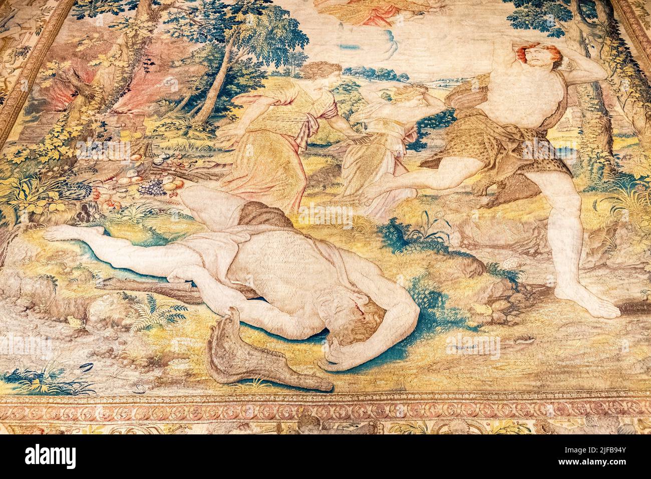 Poland, Lesser Poland, Krakow, listed as World Heritage by UNESCO, Wawel Castle on Royal Hill, exhibition the Royal Tapestries of Sigismund II Augustus from the workshops of Brussels, mid 1500, Cain fleeing the wrath of God Stock Photo