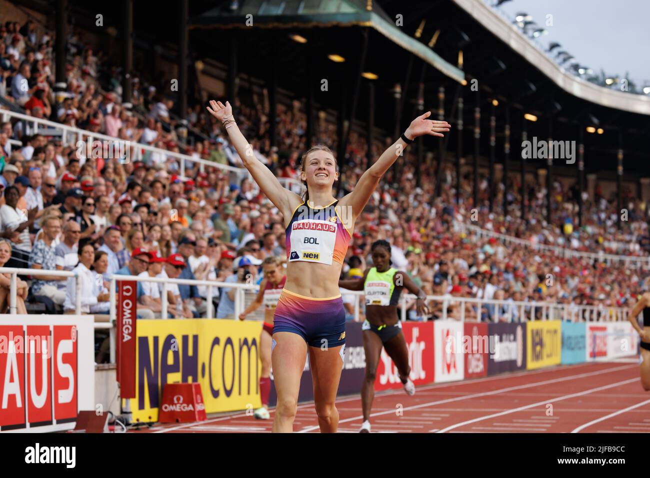 (220701) -- STOCKHOLM, July 1, 2022 (Xinhua) -- Femke Bol of the Netherlands celebrates winning women's 400m hurdles at the Diamond League athletics meeting in Stockholm, Sweden, June 30, 2022. (Photo by Wei Xuechao/Xinhua) Stock Photo