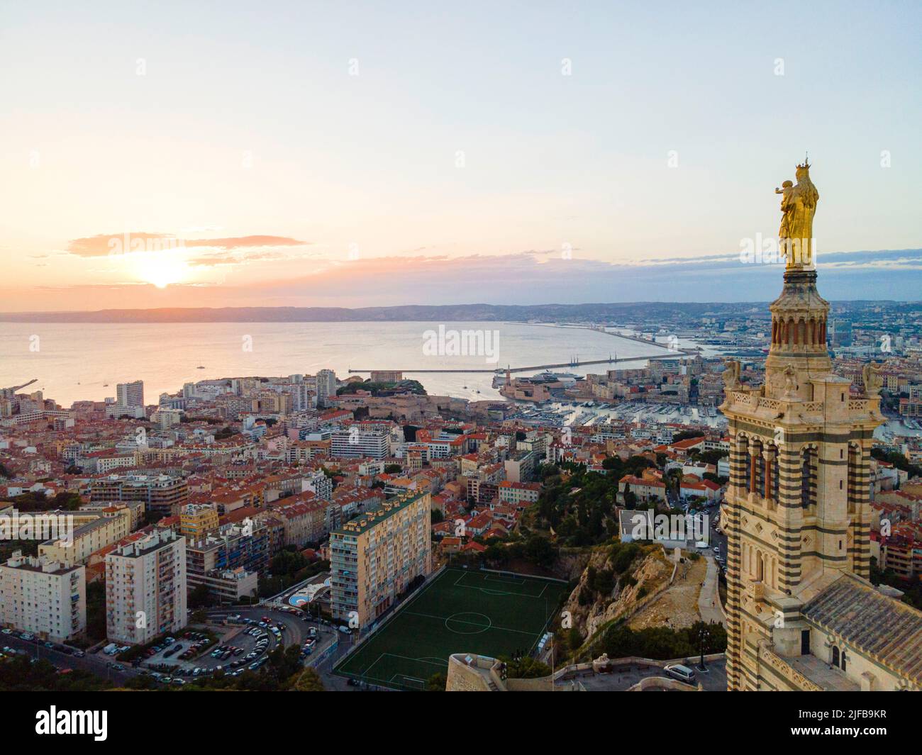 France, Bouches du Rhone, Marseille, general view with the Notre Dame de la Garde basilica (aerial view) Stock Photo