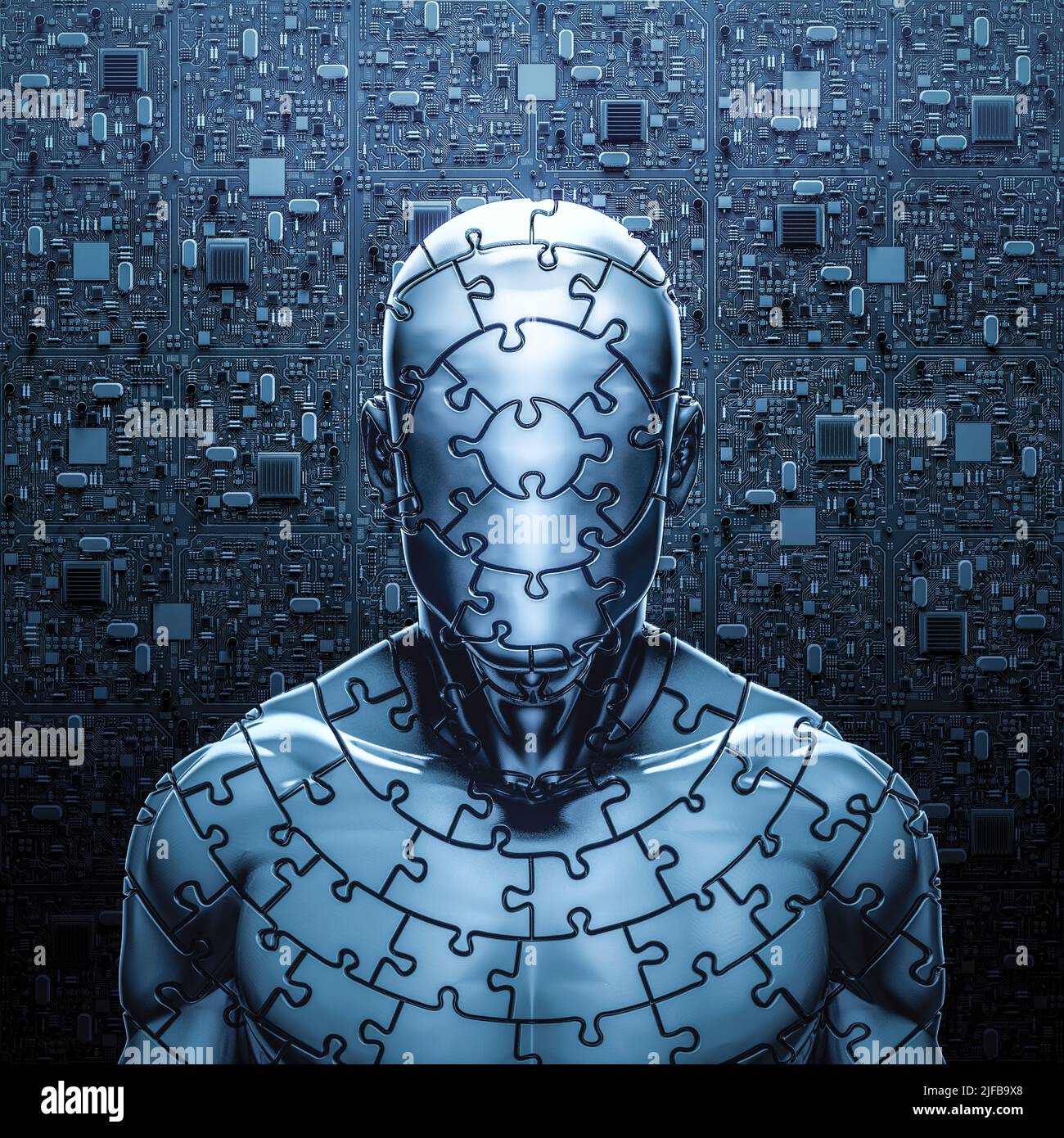 Mystery puzzle man - 3D illustration of dark mysterious male figure made of jigsaw pieces with abstract computer circuit board background Stock Photo