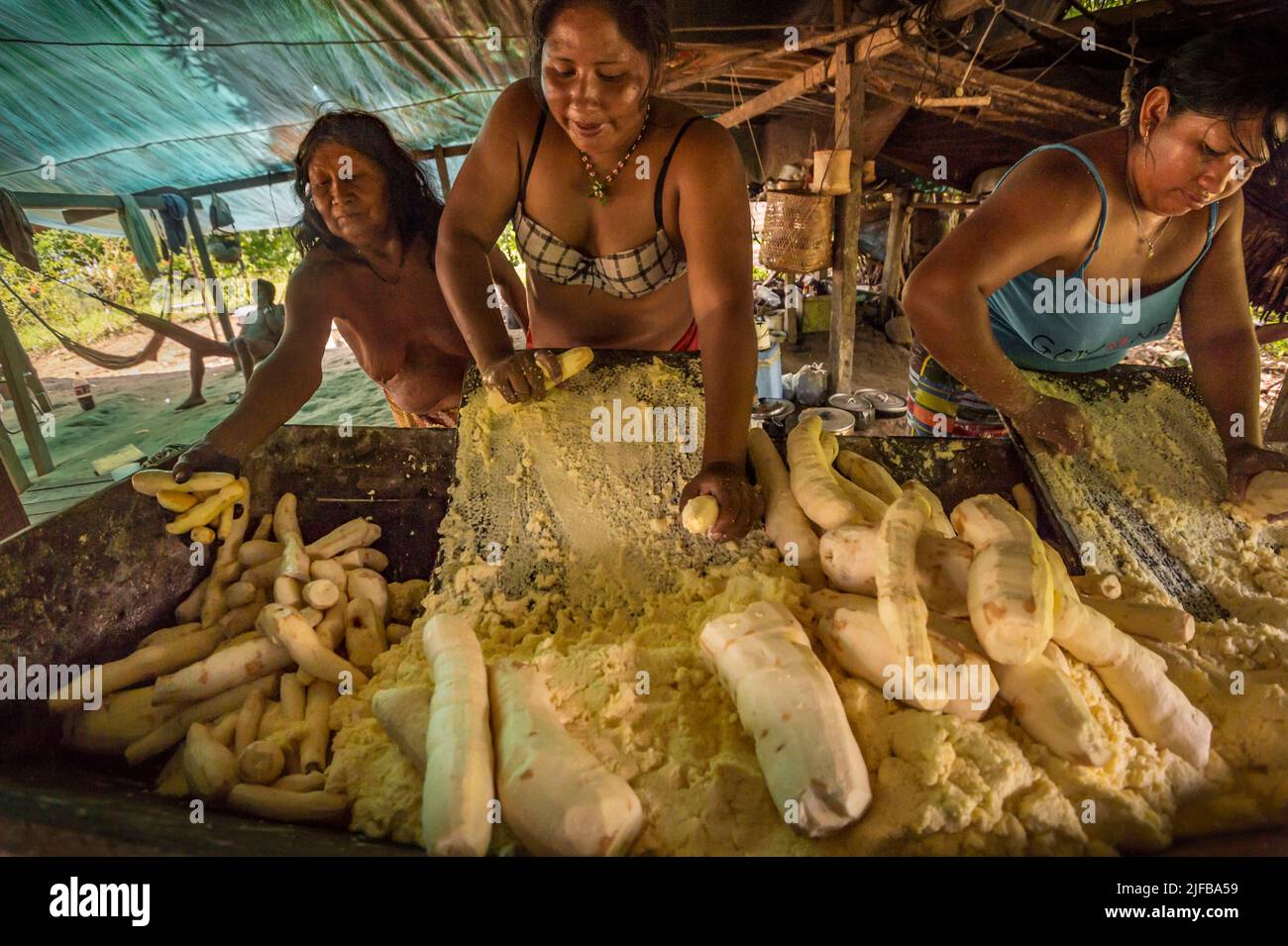 France, French Guiana, Amazonian Park, heart zone, Camopi, preparation of cassava flour in an Amerindian Wayàpi family Stock Photo