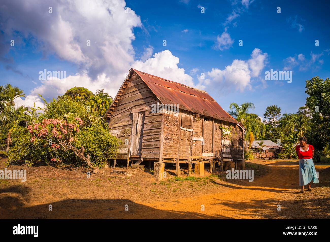 France, French Guiana, Amazonian Park, heart zone, Saül, scene of daily life, traditional house Stock Photo
