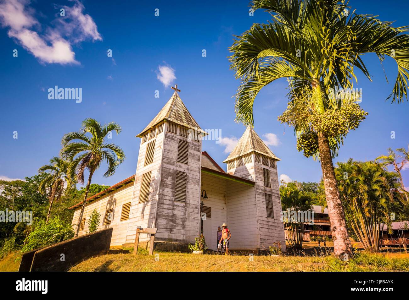 France, French Guiana, Amazonian Park, heart zone, Saül, scene of daily life, Saint-Antoine-de-Padoue church (1952-1962) Stock Photo