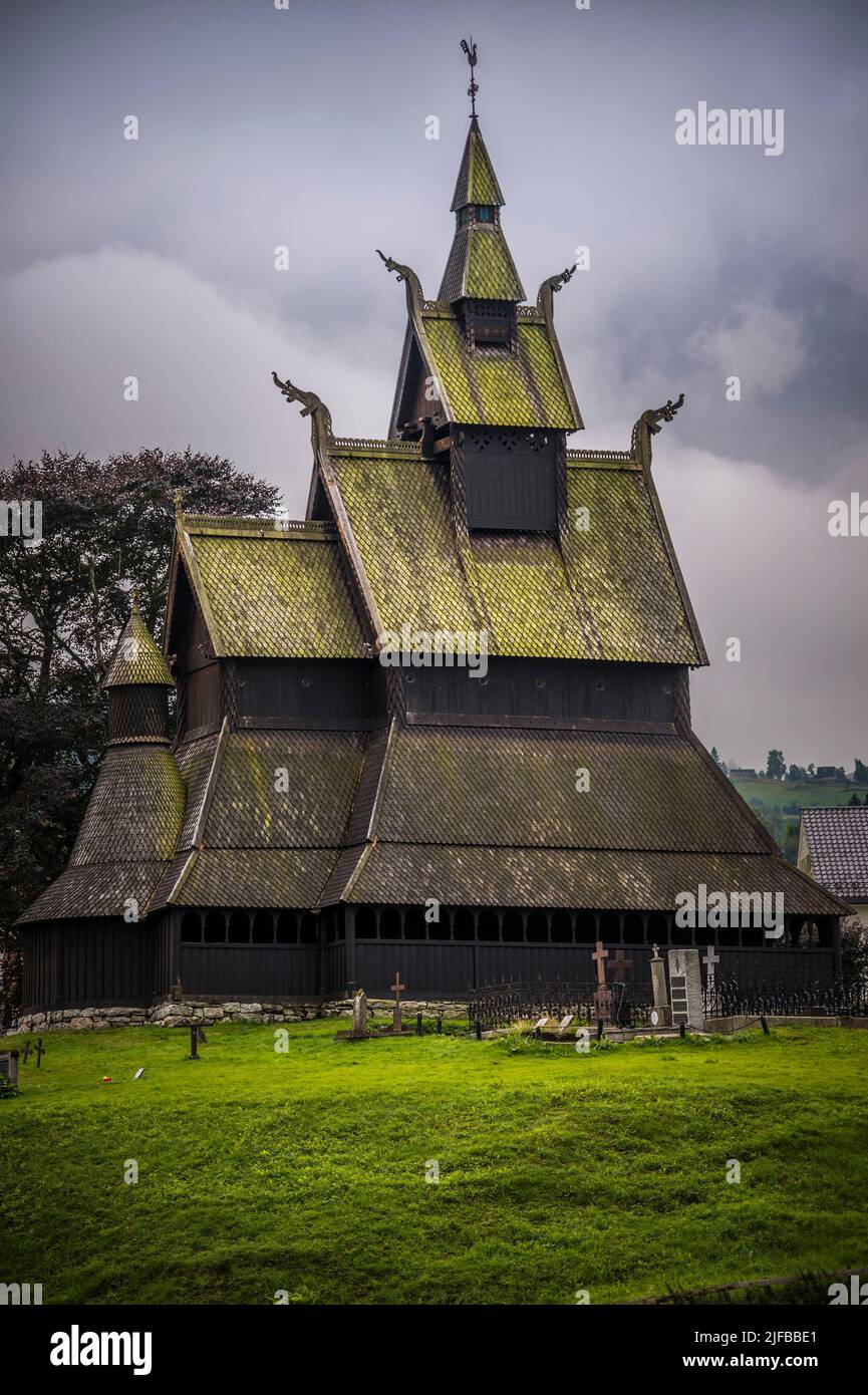Norway, County of Sogn og Fjordane, Vik, the richly decorated Hopperstad stave church was built in 1140 and is, together with Urns, the oldest stave church in the world Stock Photo