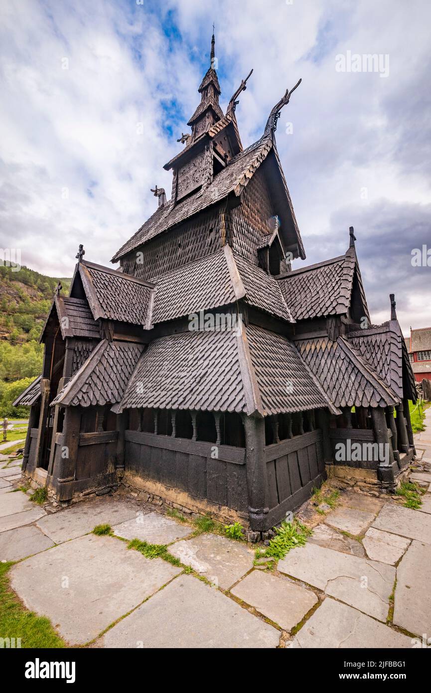 Norway, County of Sogn og Fjordane, municipality of Laerdal, Borgund, the stave church (stavkyrjke), dating from 1180 (year of the cutting of the trees used for its construction) to 1200, is considered to be the best preserved stave churches remaining in Norway Stock Photo