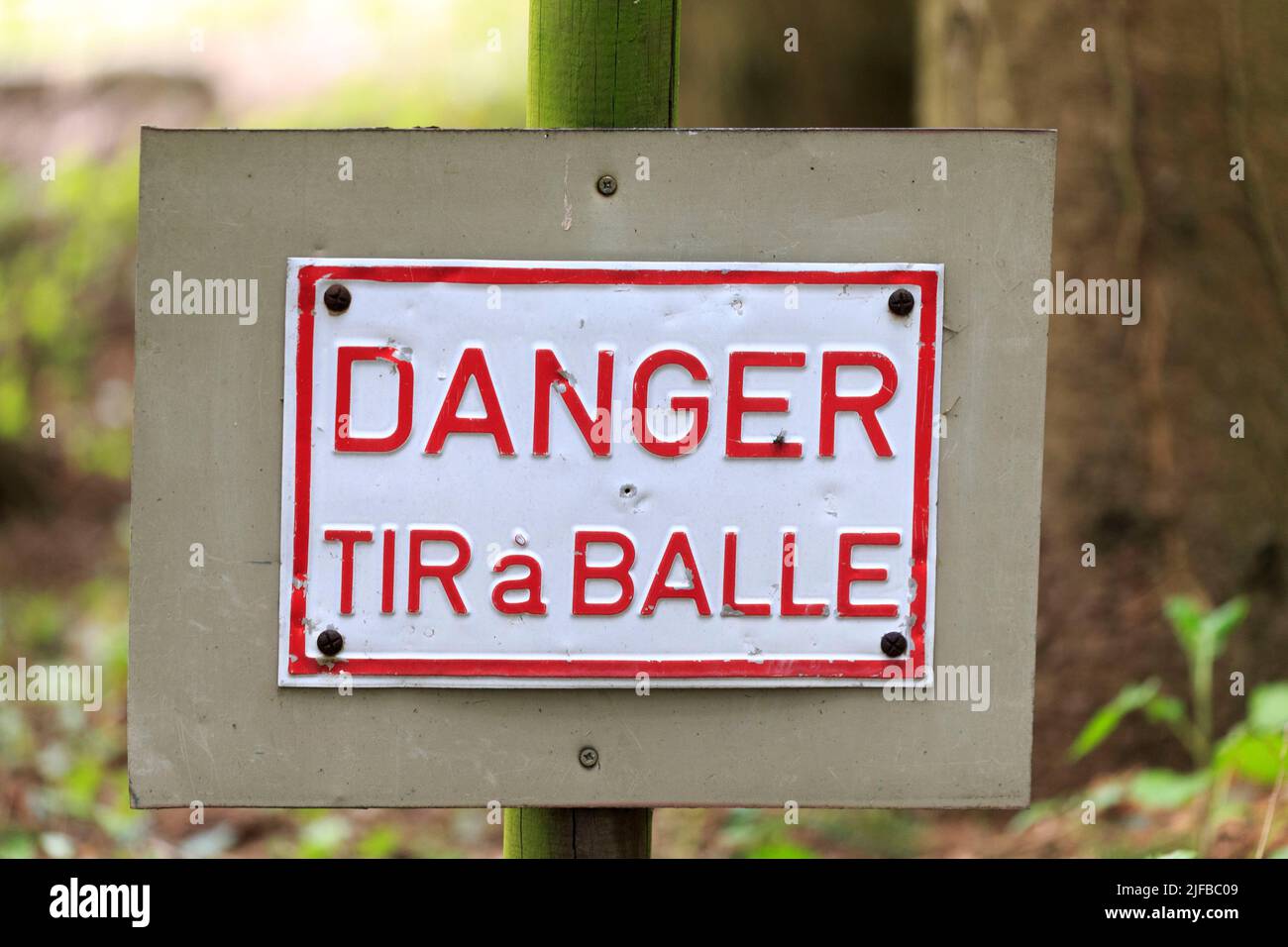 France, Haute Saone, private park, sign to warn of the possibility of shots fired in private property Stock Photo