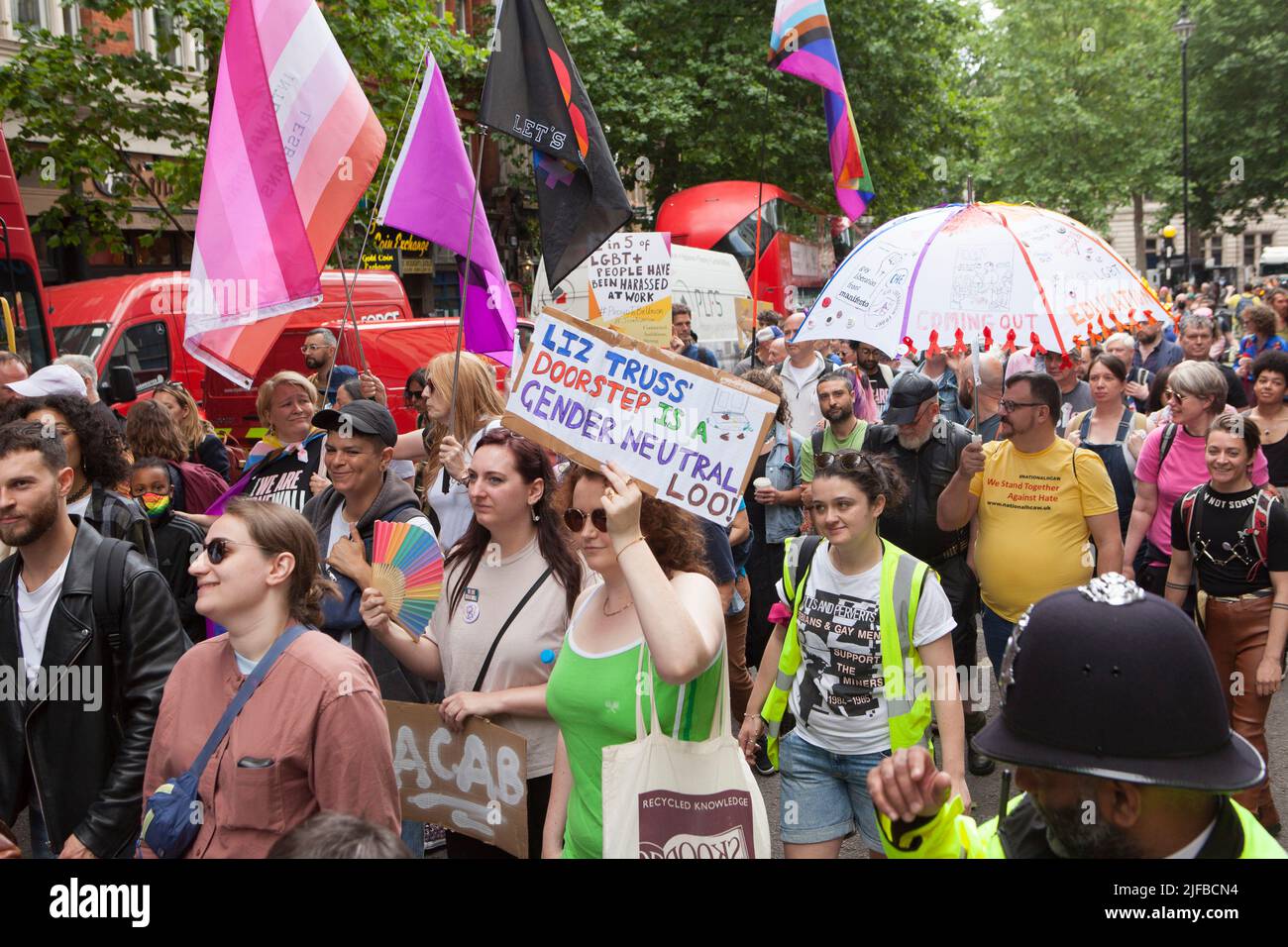 London, UK, 1 July 2022: A rally in London to mark the 50th anniversary of the first UK Pride march drew crowds who heard from veteran protesters. They marched from Trafalgar Square to Marble Arch. Protestors called for a ban on trans conversion therapy, for gay refugees to be protected, and for the fight for LGBTQIA rights to continue. Anna Watson/Alamy Live News Stock Photo