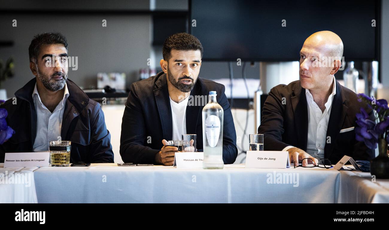 AMSTERDAM - Hassan Al Thawadi, secretary-general of the organizing committee of the World Cup in Qatar, and Gijs de Jong (r) of the KNVB during a meeting in the Johan Cruijff Arena. ANP RAMON VAN FLYMEN Credit: ANP/Alamy Live News Stock Photo