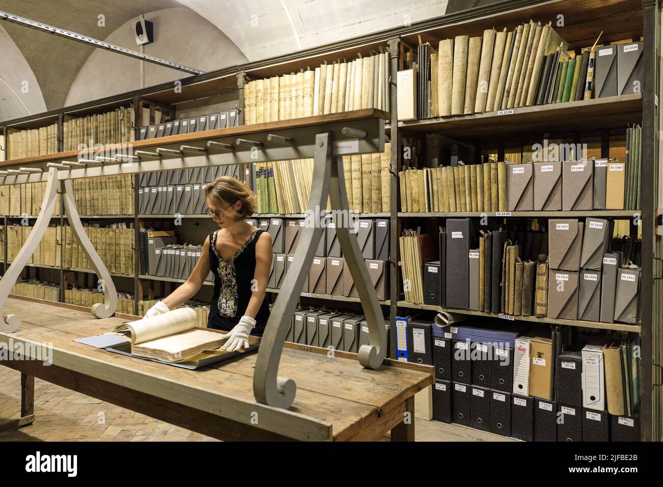 France, Vaucluse, Avignon, rue Saluces, Municipal Archives, archive conservation store, Mont de Piete depot, Aure Lecres, deputy director Stock Photo
