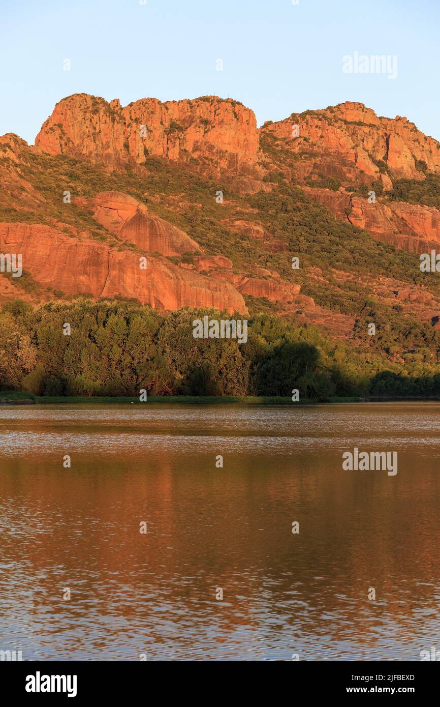 France, Var, Roquebrune sur Argens, Arena lake and rock of Roquebrune