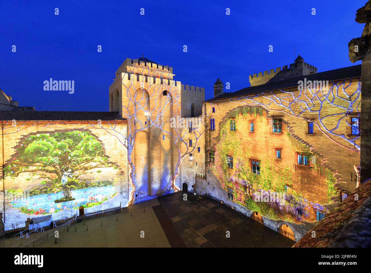 France, Vaucluse, Avignon, Palais des Papes (14th century) listed as World Heritage by UNESCO, Helios heritage highlighting festival, Vibrations 2019 show Stock Photo