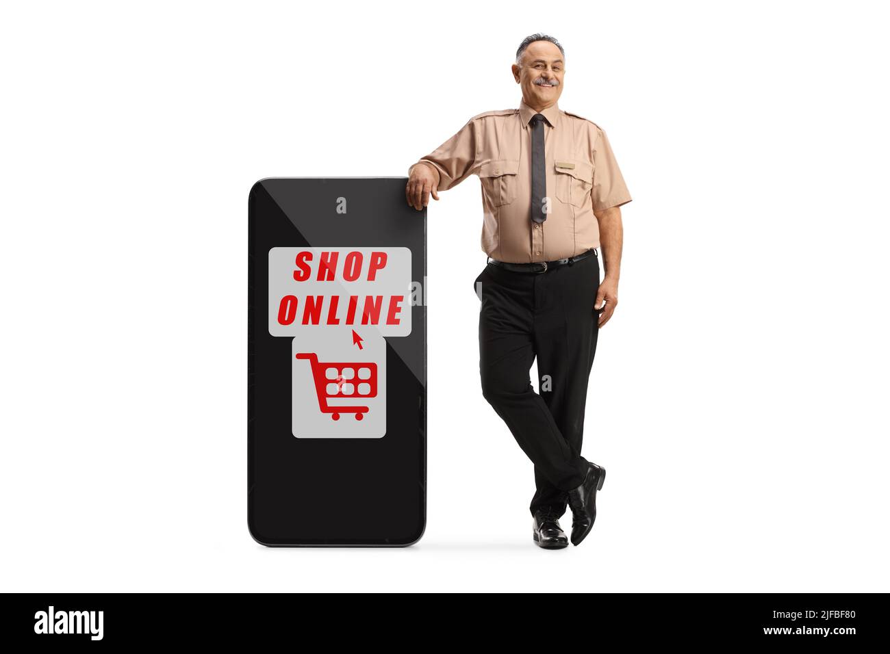 Security guard leaning on a smartphone with text shop online isolated on white background Stock Photo