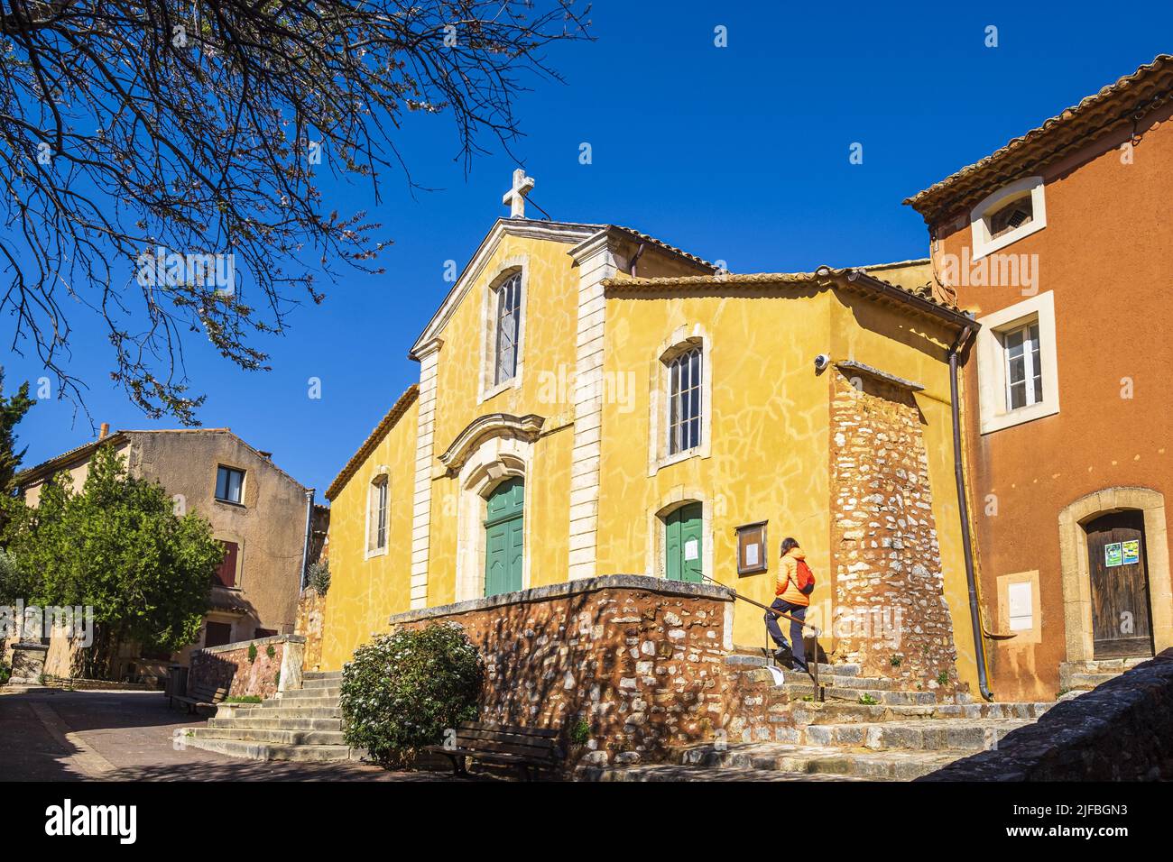 France, Vaucluse, Luberon regional nature park, Roussillon, labelled Les Plus Beaux Villages de France (The Most Beautiful Villages of France), Saint-Michel church Stock Photo