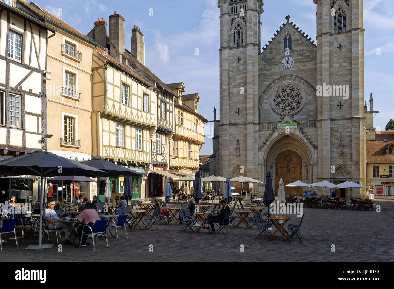 France, Saone et Loire, Chalon sur Saone, Place St Vincent timbered houses and cafe terraces in front of the St Vincent Cathedral Stock Photo