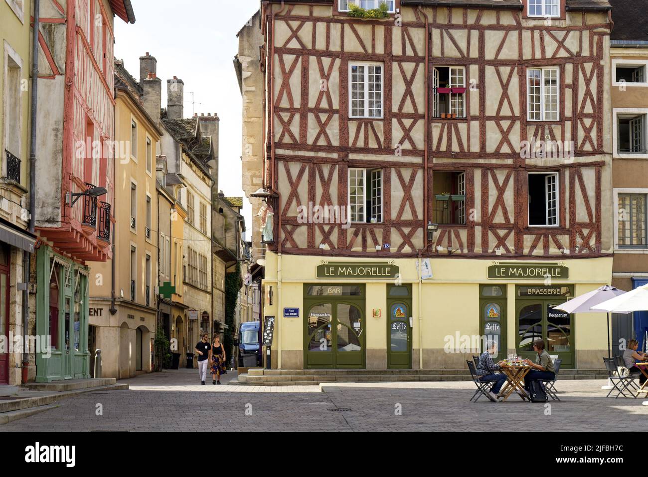 France, Saone et Loire, Chalon sur Saone, Place St Vincent timbered houses and cafe terraces Stock Photo