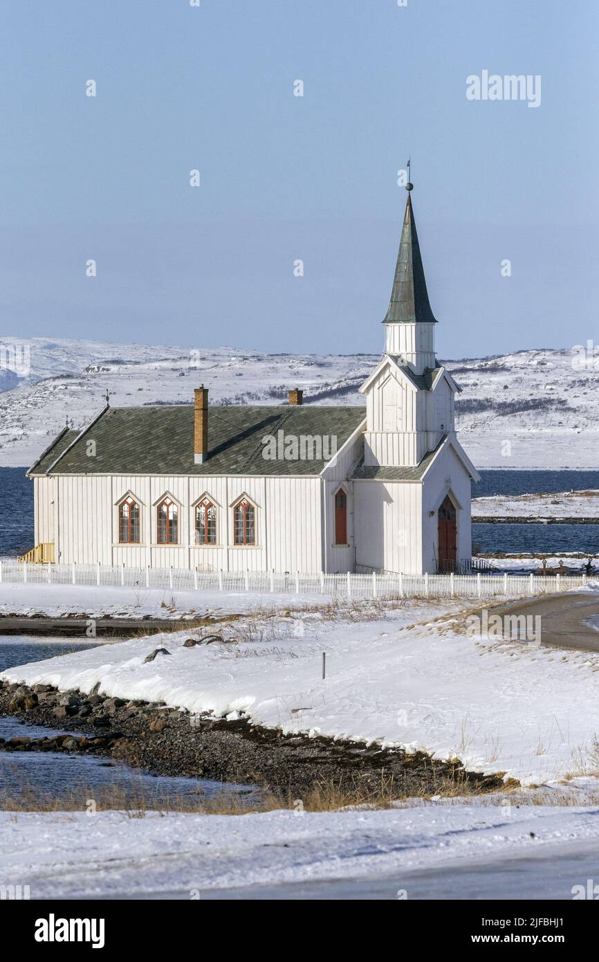 Norway, Varanger Fjord, Nesseby, Nesseby Church in winter Stock Photo
