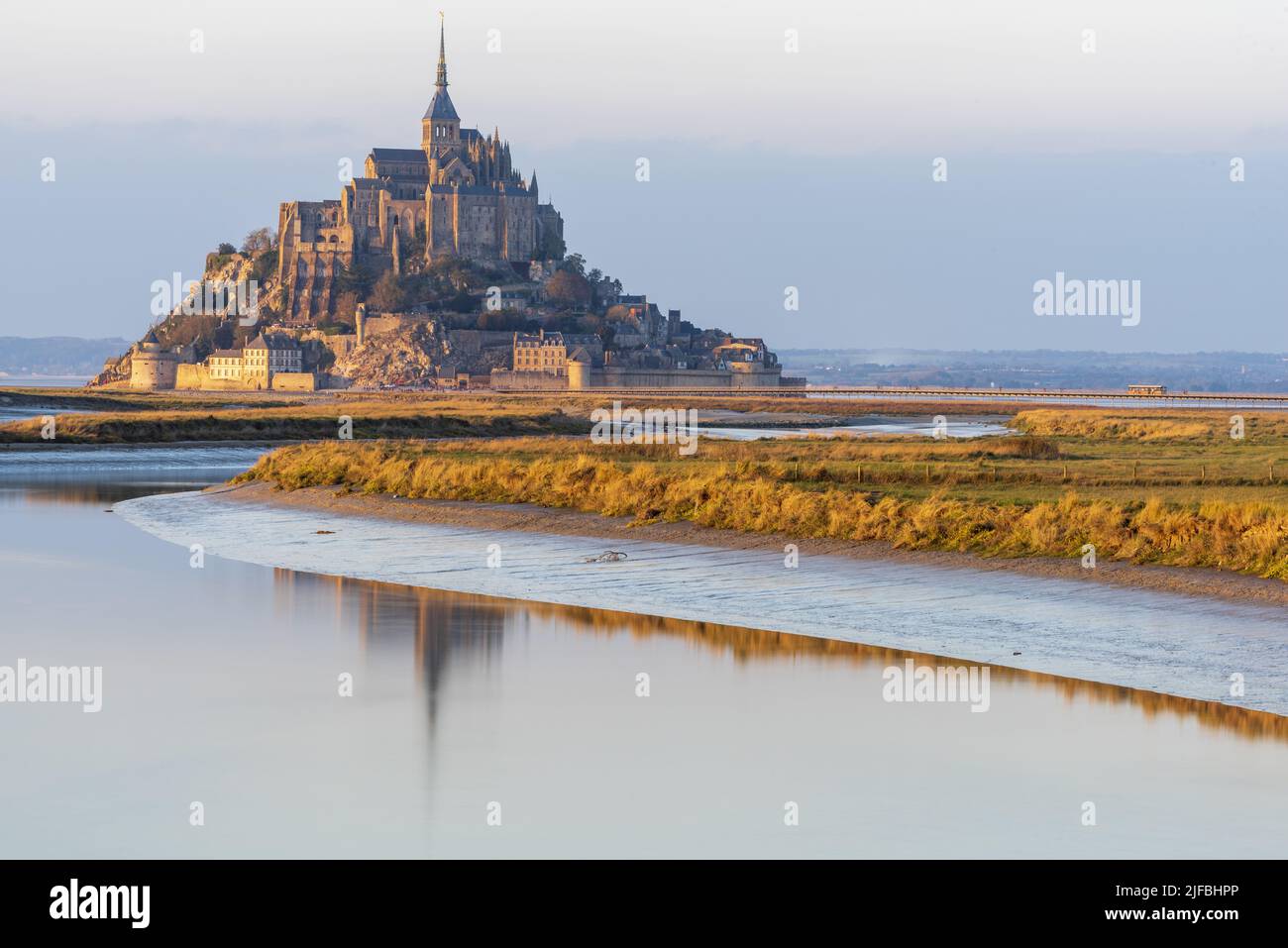 France, Manche, Mont Saint Michel Bay listed as World Heritage by UNESCO, Abbey of Mont Saint Michel and River Couesnon Stock Photo
