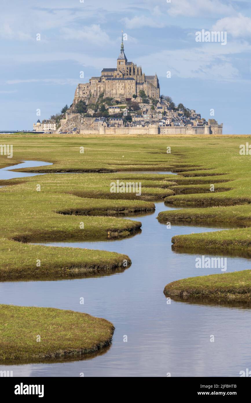 France, Manche, Mont Saint Michel Bay listed as World Heritage by UNESCO, Abbey of Mont Saint Michel, high tide Stock Photo