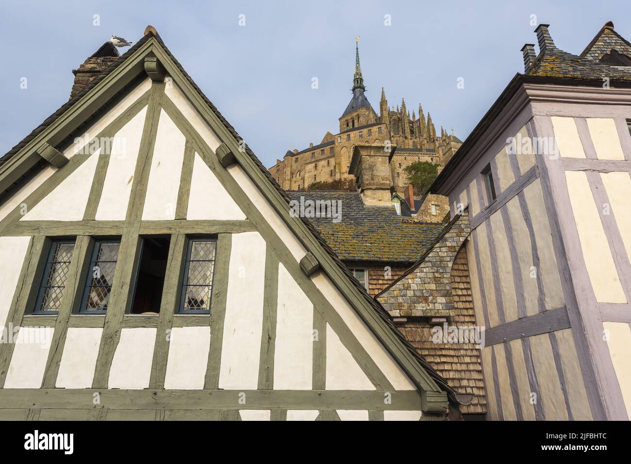 France, Manche, Mont Saint Michel Bay listed as World Heritage by UNESCO, Abbey of Mont Saint Michel, houses Stock Photo