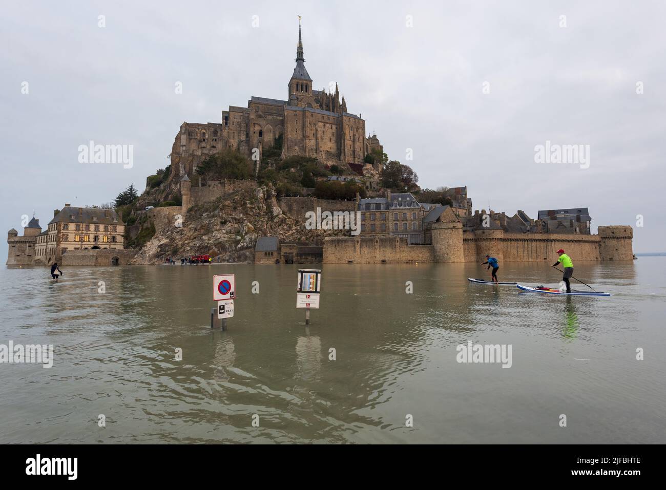France, Manche, Mont Saint Michel Bay listed as World Heritage by UNESCO, Abbey of Mont Saint Michel, high tide Stock Photo