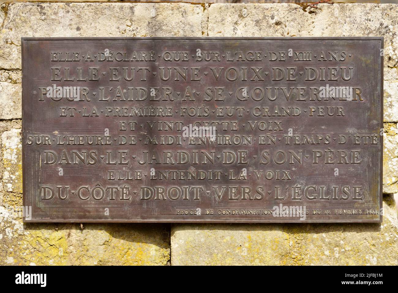 France, Vosges, Domremy la Pucelle, birthplace of Joan of Arc, Jeanne's birthplace, plaque commemorating the place in the garden where Jeanne d'Arc heard the voice of God Stock Photo