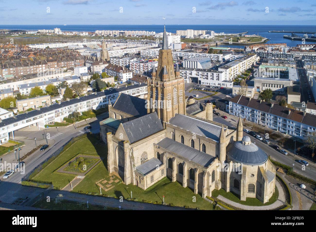 France, Pas-de-Calais, Calais, Church Notre-Dame of Calais of the 15th century (aerial view) Stock Photo