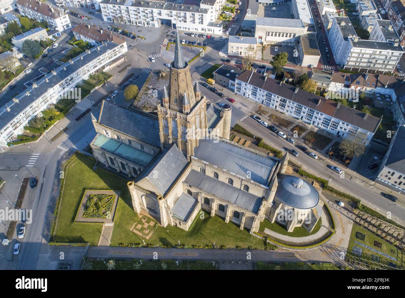 France, Pas-de-Calais, Calais, Church Notre-Dame of Calais of the 15th century (aerial view) Stock Photo