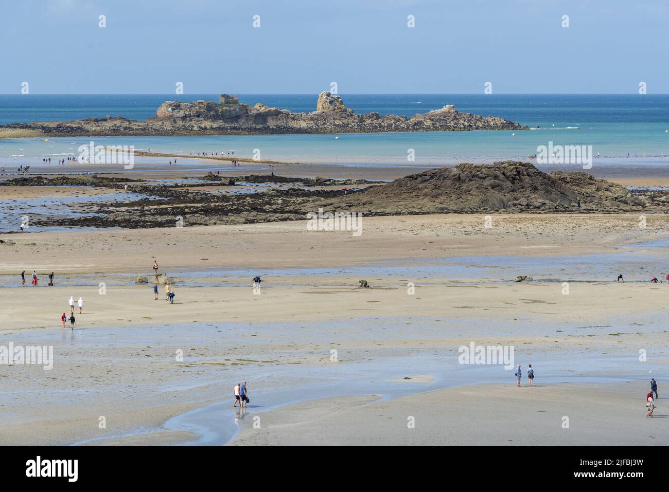 France, Cotes d'Armor, Saint Jacut de la Mer, Pointe du Chevet, beach, fishing, low tide Stock Photo