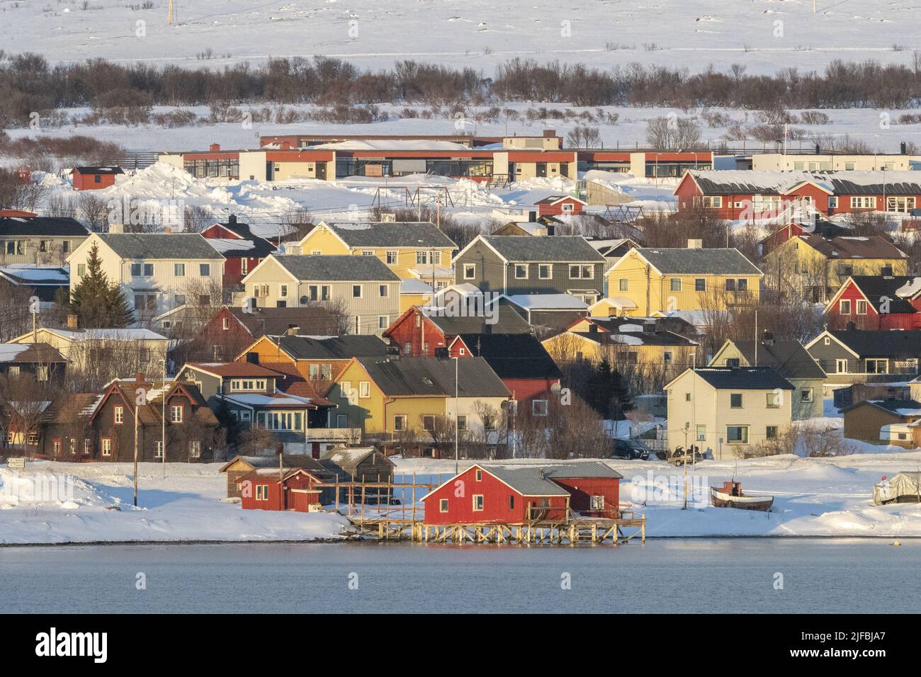 Norway, Varanger Fjord, Vadsø or Vadso, town with colorful houses Stock Photo