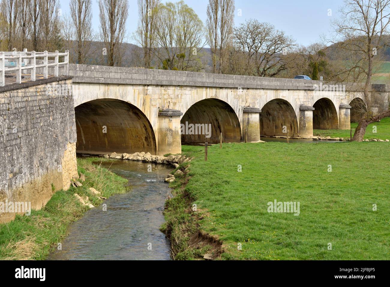France, Vosges, Domremy la Pucelle, birthplace of Joan of Arc, bridge over the Meuse river Stock Photo