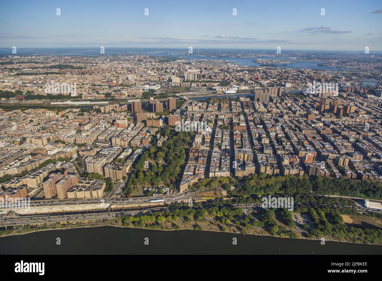 United States, New York, Manhattan, Spanish Harlem, East River and Queens (aerial view Stock