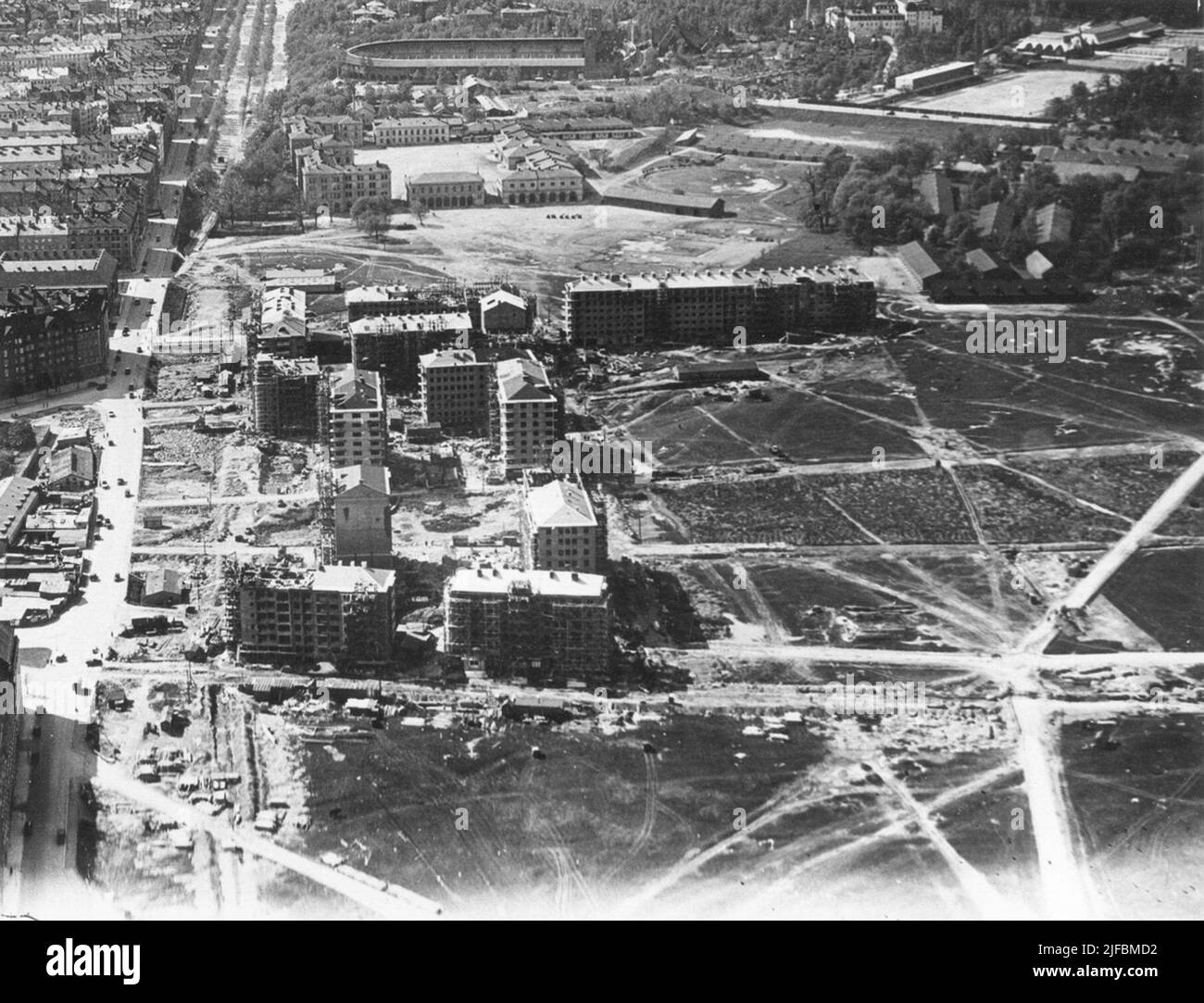 Air picture of the construction of Gärdet, Stockholm in the 1930s. Air ...