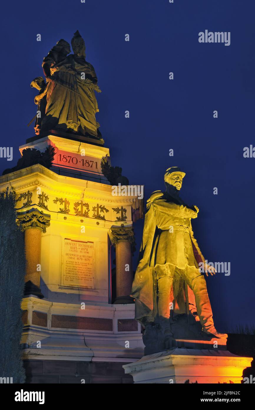 France, Territoire de Belfort, Belfort, Republic Square, Monument des Trois Sieges Auguste Bartholdi 1804, colonel Denfert Rochereau, Christmas illuminations Stock Photo