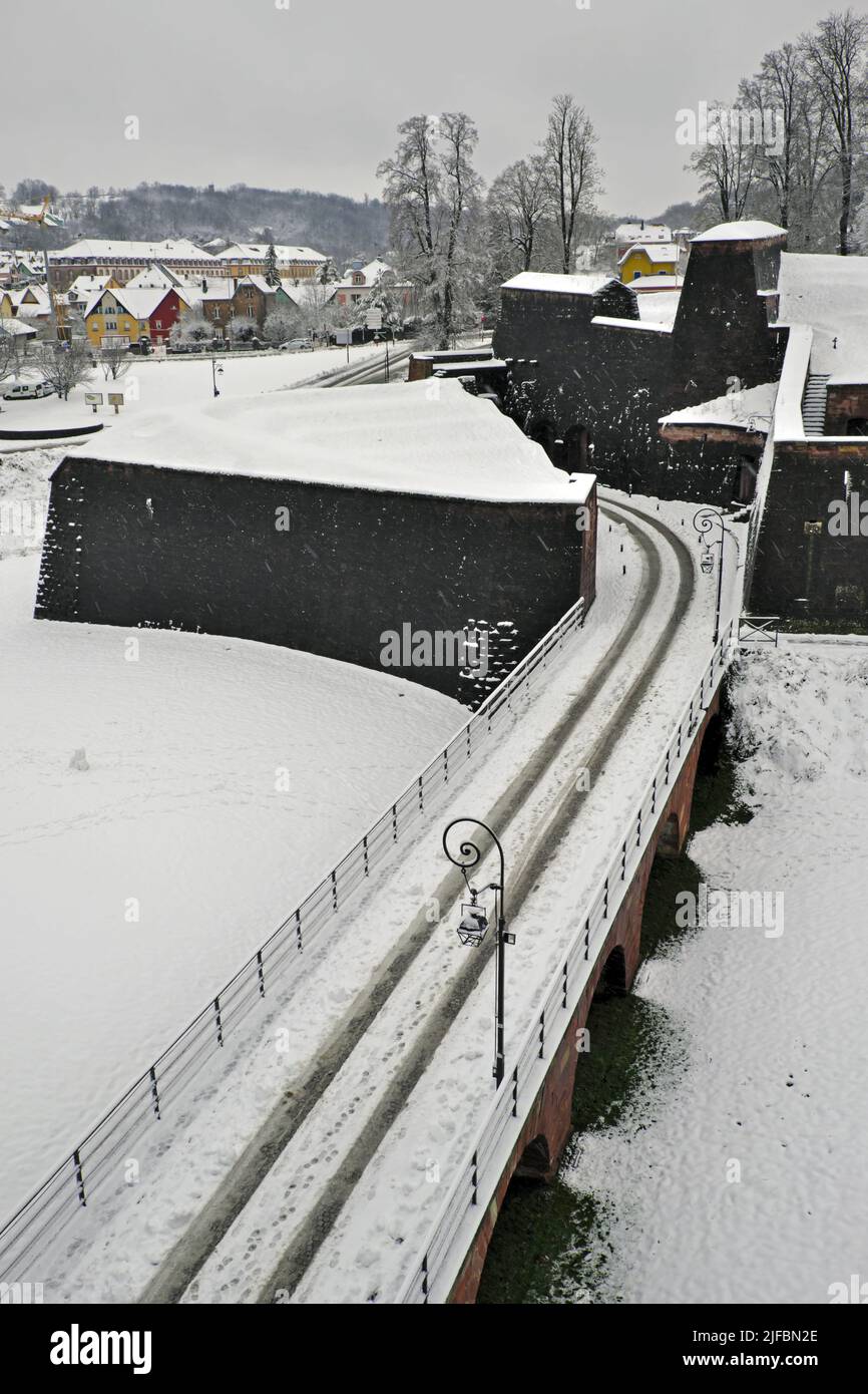 France, Territoire de Belfort, Belfort, citadel, Demi Lune of the Porte de Brisach, Miotte district, Friederich barracks, snow, winter Stock Photo