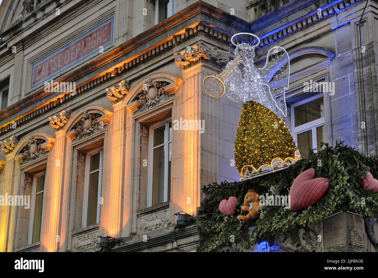 France, Doubs, Montbeliard, Place Saint Martin, Caisse d Epargne built in 1900, Christmas decorations and illuminations Stock Photo